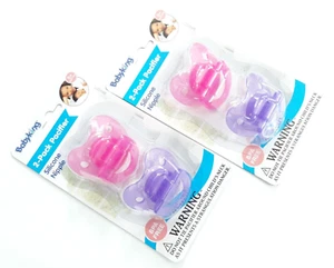 2 PACKS 4 PACIFIERS BABY KING PINK & PURPLE SILICONE BINKY 0+ MONTHS BPA FREE - Picture 1 of 1