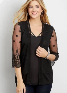 Cárdigan Suéter Ligero Maurices Talla XS Negro Malla Bordada Encaje  - Imagen 1 de 7