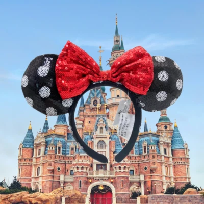 Disney Parks Black Minnie Mouse Ears White Polka Dot Sequin Red Bow Headband - Image 1 of 4