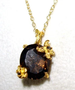 Lenox Smoky Quartz Gem Floral Pendant Necklace Goldplated 925 Silver 16" New - Picture 1 of 8