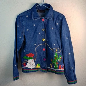 New Directions Embroidered Christmas Jacket Snowman Snowflaked Women's Small - Picture 1 of 9