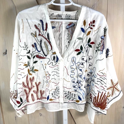 Zara Cropped Oversized Boxy Fit Embroidered Top Size Medium Boho Art To Wear - Image 1 of 4