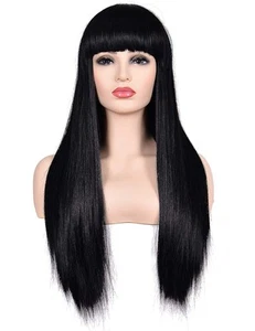 Women's 26" Long Straight Black Synthetic Resistant Hair Wigs with Bangs Natu... - Picture 1 of 7