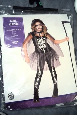 Grim Reaper Girl Scary Ghoul Skeleton Halloween Costume Girls Size Medium 8-10 - Image 1 of 4