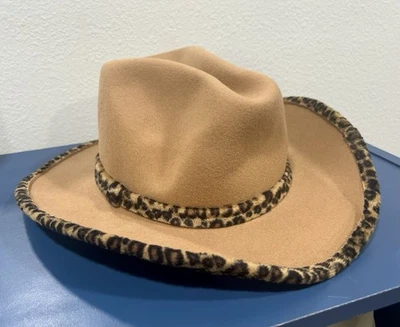 Nine West 100% Wool Tan Leopard Print Western Cowgirl Cowboy Hat Packable - Image 1 of 4