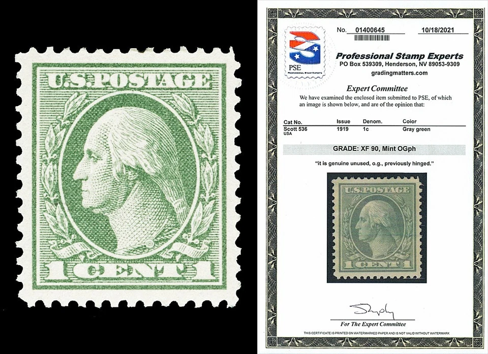 Scott 536 1919 1c Washington Offset Mint Graded XF 90 LH with PSE CERT - Image 1 of 1