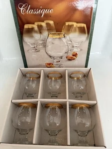 Set Of 6 Pasabahce 24k Gold Encrusted Rim Cognac/Brandy Snifter Glasses 5" New - Picture 1 of 11