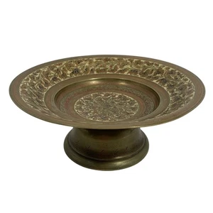 Handcrafted Brass Decorative Pedestal Plate With Etched Intricate Floral Design - Picture 1 of 9