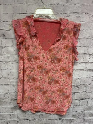 Lucky Brand Women’s Sleeveless Coral Orange Blouse Size M V Neck Ruffle - Image 1 of 4