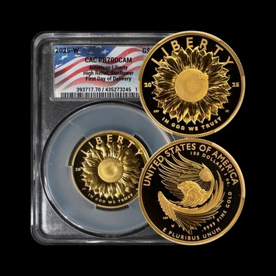 США. 2025, 100 долларов золото - CAC PR70 - Top Pop🥇 Liberty подсолнечник 1 - Изображение 1 из 4
