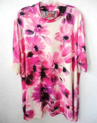 Johnny Was 2X Plus top  ~ Janie mock neck stretchy tee VIBRANT PINK Flowers  NWT - Image 1 of 4