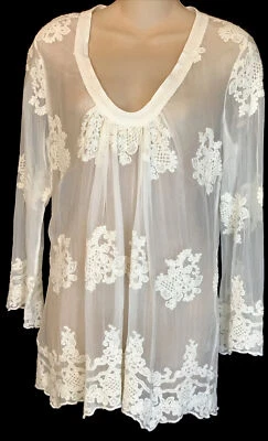Nolita Blouse White Scoopneck Embroidered Sheer Silk L Sleeve Size S - Изображение 1 из 4