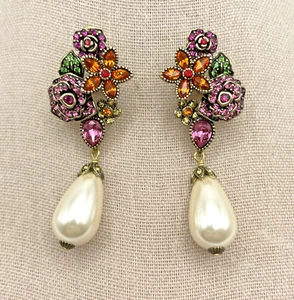 HEIDI DAUS "Endearing" Crystal & Faux Pearl Floral Drop Earrings - Omega - NWT - Picture 1 of 10