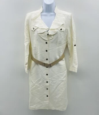 Tahari ASL Womens Size 8 Linen Blend Long Sleeve Belted Shirt Dress in Ivory - Image 1 of 4