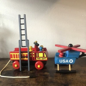 The Montgomery Schoolhouse Inc Wooden Firetruck And Helicopter ,5￼Wooden Pegs - Picture 1 of 19