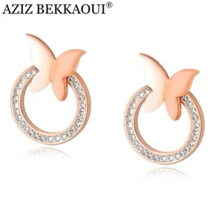 925 Sterling Silver Butterflies Crystals Hoop Rose Gold Stud Earrings - Picture 1 of 4