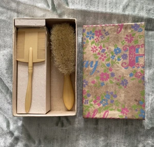Antique Baby Infant Celluloid Comb & Brush Dresser Set in Original Box Vintage - Picture 1 of 5
