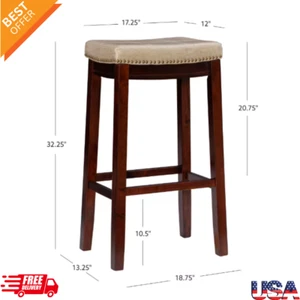 New Concord Dark Brown Frame Barstool with Padded Beige Faux Leather Seat - Picture 1 of 7