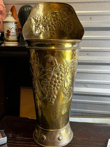 Antique Original Repousse Brass Umbrella Cane Walking Stick Stand Holder Grapes Cover