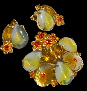 Vintage Juliana DeLizza & Elster Era Pillow Givre Stone Brooch & Earrings Set - Picture 1 of 12