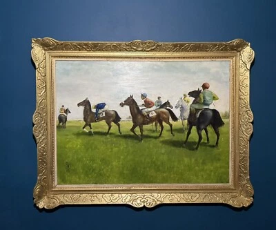 Large Oil Painting Equestrian Scene Of Jockeys Dated 1931 - Image 1 of 4