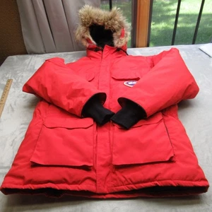 Canada Goose Down Jacket Mens Large Red Insulated Faux Fur Hood Full Zip Parka - Picture 1 of 24