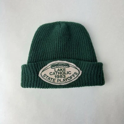 Vintage 1983 Lake Catholic Football State Playoffs Green Beanie Knit Hat 8.5”x7” - Image 1 of 4