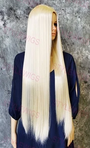 Light Blonde Extra Long Flat Straight Skintop Synthetic Hair Full Wig EVBS 613 - Picture 1 of 7