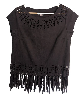 Womens M Short Sleeve Fringe Hem Cutout Top Shirt Country Faux Suede Navy Tassel - Image 1 of 4