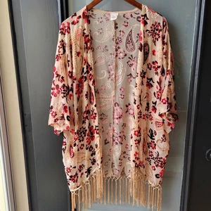 RARE Kimono HUMMINGBIRD Fringe Large velvet Flowers Leafs Open Front Translucid - Picture 1 of 12