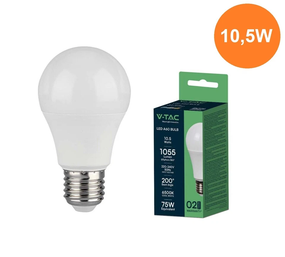 0000060297 V-tac LAMPADINA A LED 10.5W E27 A60 3000K (217350)