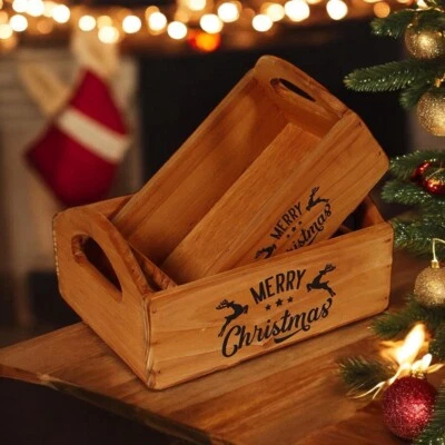 Rustic Vintage Brown Merry Xmas Boxes Wooden Gift Display Storage Crate Set 2 - Image 1 of 4