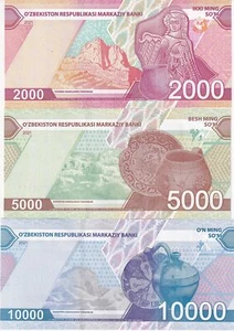 Uzbekistan Set 3 Pcs 2000 5000 10000 Som 2021 2022 P 87 88 89 UNC - Picture 1 of 4