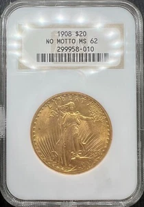 1908 $20 Gold St. Gaudens Double Eagle No Motto NGC MS62 Old Fatty Holder - Picture 1 of 2