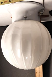 MCM DECO VTG Ribbrd Globe with New pull chain Fixture Ceiling lite GB69 - Picture 1 of 4