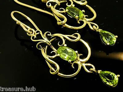 E040 Genuine 9K or 18K Gold Natural Peridot Drop Filigree Chandelier Earrings - Image 1 of 2