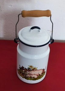 Milchkanne Emaille Münder-Emaille Kanne Schweine Dekor. Schweine Familie. - Bild 1 von 7