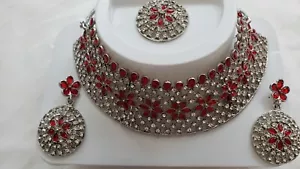 Jewelry Set Choker Necklace Earring Tikka Kundan CZ Red Silver Tone Bollywood - Picture 1 of 7