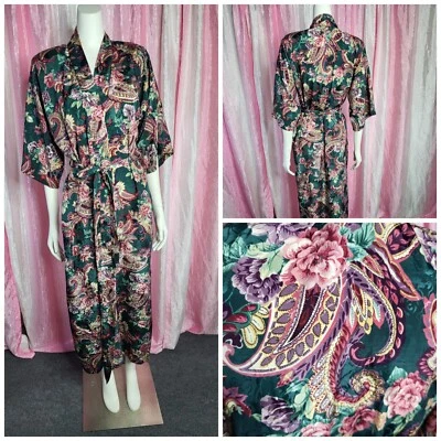 California Dynasty Vintage Paisley Floral Satin Shimmer Maxi Robe Size Small - Image 1 of 4