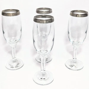 Silver Rim Champagne Flute Glasses Decorative Platinum Pattern Vintage Set of 4 - Picture 1 of 6