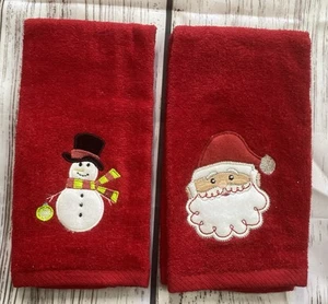 Vintage Weihnachten Kmart Set 2 Fingerspitzen Handtücher Santa Schneemann bestickt 90er Urlaub - Bild 1 von 6