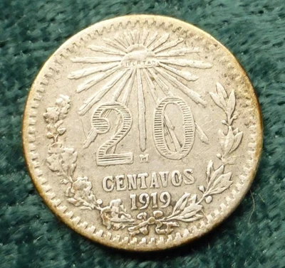 1919 Mexico 80% Silver 20-Centavos Coin, Radiant Liberty Cap Coin, 1-Year Type - Image 1 of 4