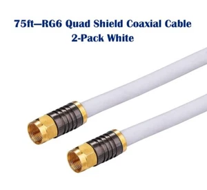 Confezione da 2 -75ft Bianco RG6 Quad Shield Cavo Coassiale per Antenna TV Piatto Satellitare DVD - Foto 1 di 9