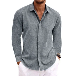 Mens Casual Linen Style Long Sleeve Solid Shirts Fit Formal Dress Tops Tee Shirt - Picture 1 of 16