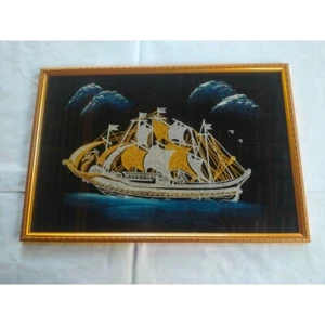 Black Velvet Art Vintage Framed Sri Lanka Handmade Acrylic Painting Sailing Ship - Picture 1 of 6