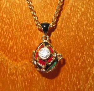BLACK ENAMEL EGG Pendant White Rhinestone Crystals Red Flowers golden chain GIFT - Picture 1 of 9