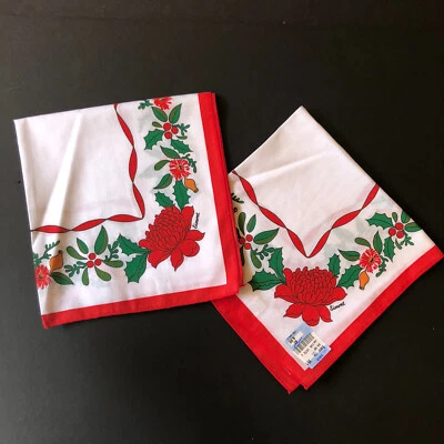 Two Vintage Scarves by Simone Holiday Christmas Holly Red Border Bandana - Image 1 of 4