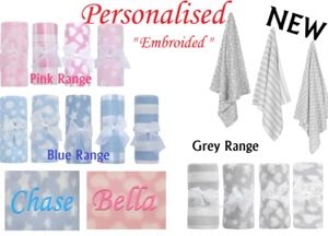 Baby Girl Boy Personalised Blanket Embroidered Towel Name Grey Pink Blue Grey - Picture 1 of 19