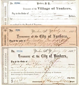 3 DIFERENTES NOTAS DEL TESORO DE YONKERS NUEVA YORK DE LOS AÑOS 1870-80 FIRMADAS POR EL ALCALDE! PUEBLO/CIUDAD - Imagen 1 de 1