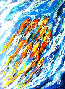 Koi-Fisch Meereslandschaft Original Gemälde Fisch Wandbild Wanddeko Leinwand 20x24 Zoll - Bild 1 von 3